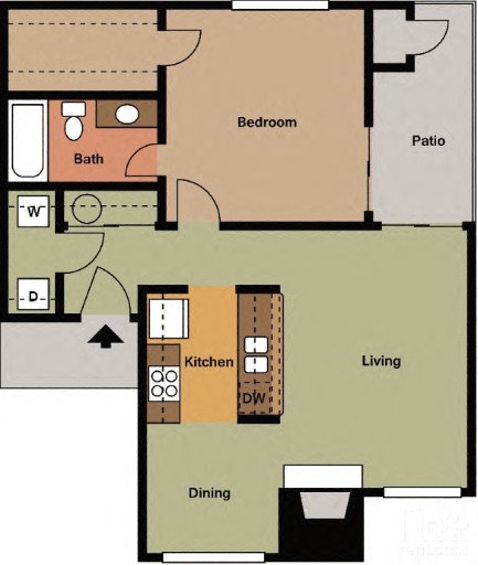Floor plan for 1 bed, 1 bath, 724 sqft